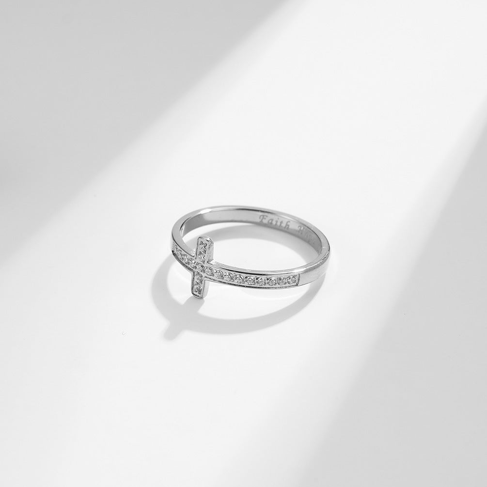 Planderful Titanium Inlaid Zircon Cross Ring Unisex For Engagement And Proposal European And American Style