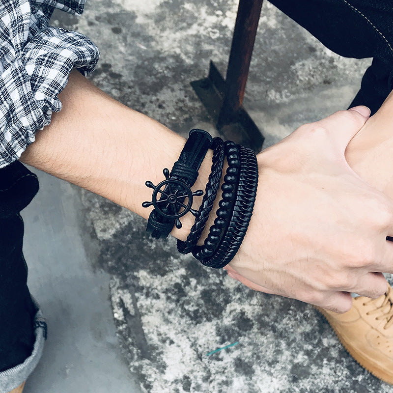 Alloy Rudder Black Wooden Bead PU Leather Woven Bracelet Set