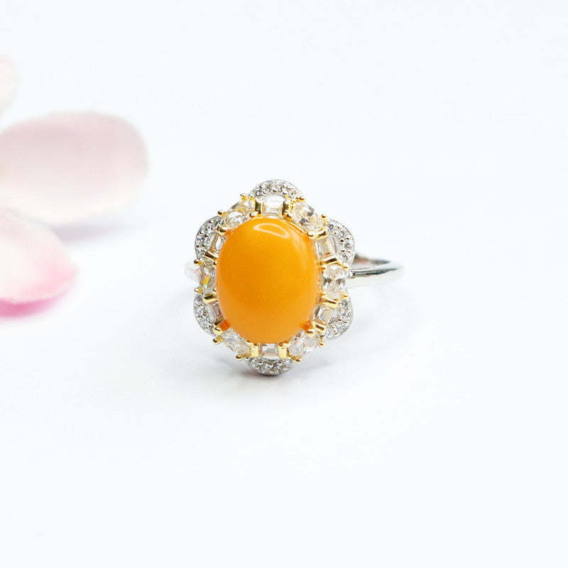 Sterling Silver Zircon Flower Ring with Beeswax Amber Bouquet