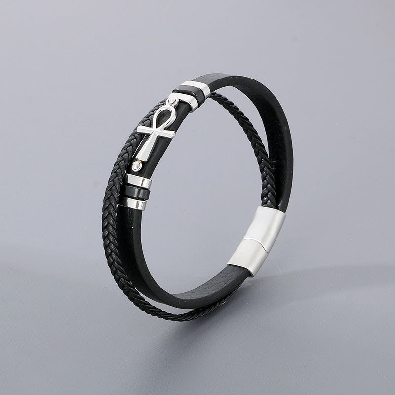 Multi-Layer Woven Leather Magnetic Buckle Stainless Steel Anka Symbol Cross Men's Bracelet