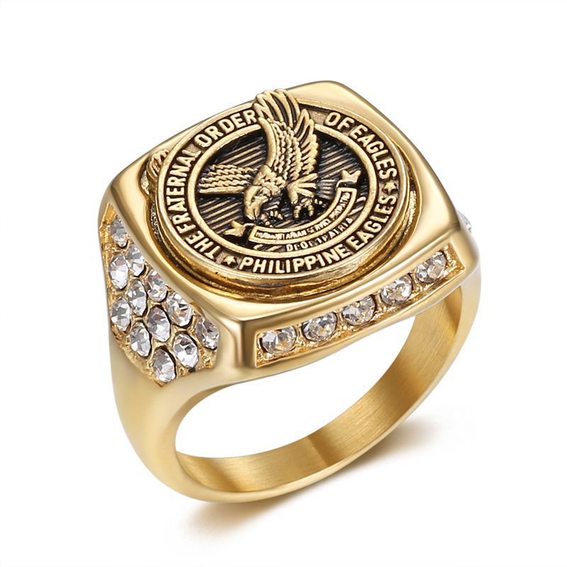 Planderful Everyday Genie Titanium Steel Gold Plated Rhinestone Philippine Eagle Unisex Ring