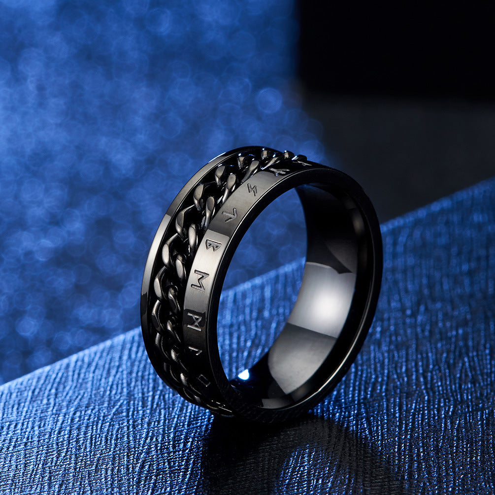 Titanium Steel Ring – Vintage Viking Text Chain Rotatable