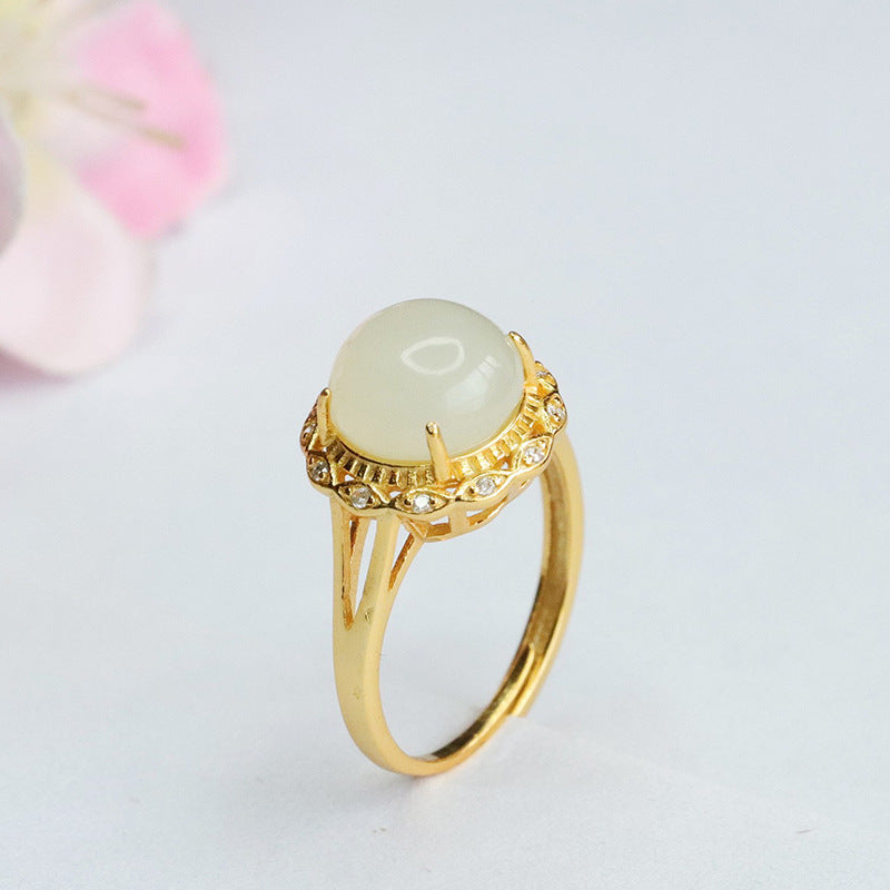 Sterling Silver Natural Hetian Jade and Zircon Round Ring