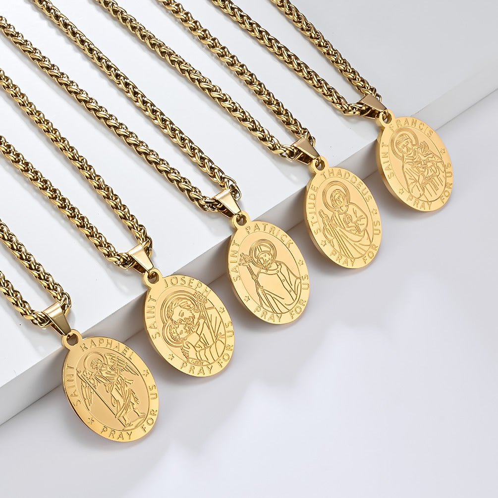 Patron Saint Oval Medal Stainless Steel Pendant Necklace Fashion Jewelry