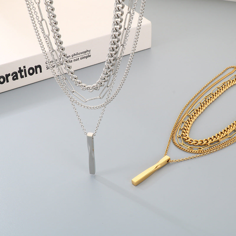 Hipsters Wear Multi-Layer Chain Necklaces, High-End Twisted Metal Rods, Small Gold Bars, Stainless