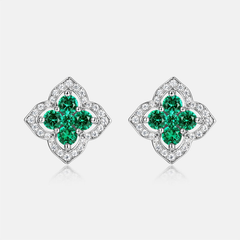 Planderful Cross-border New Retro Court Style Four-leaf Clover Hollow Lab Grown Emerald Earrings S925 Sterling Silver Gold-plated Stud Earrings for Women – Elegant Eco-friendly Design