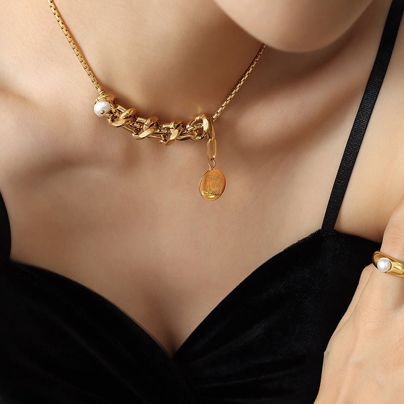 Urban Chic Geometric Freshwater Pearl Pendant Necklace with Cuban Chain