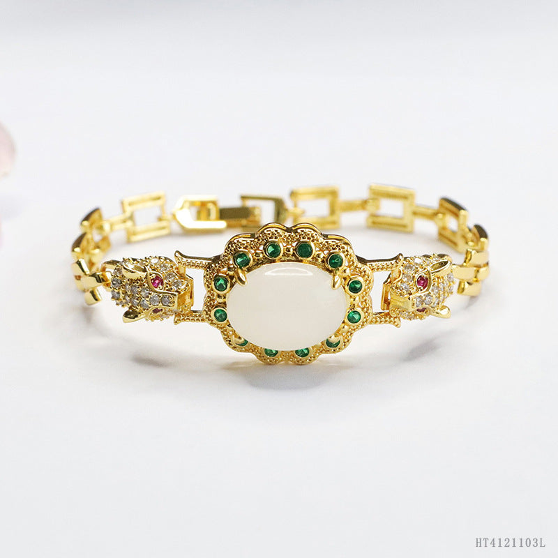 White Hetian Jade Leopard Motif Bracelet