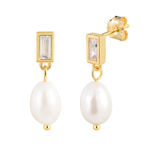 Planderful S925 Sterling Silver Natural Freshwater Pearl Earrings For Women With Luxurious Rectangular Zircon Accents