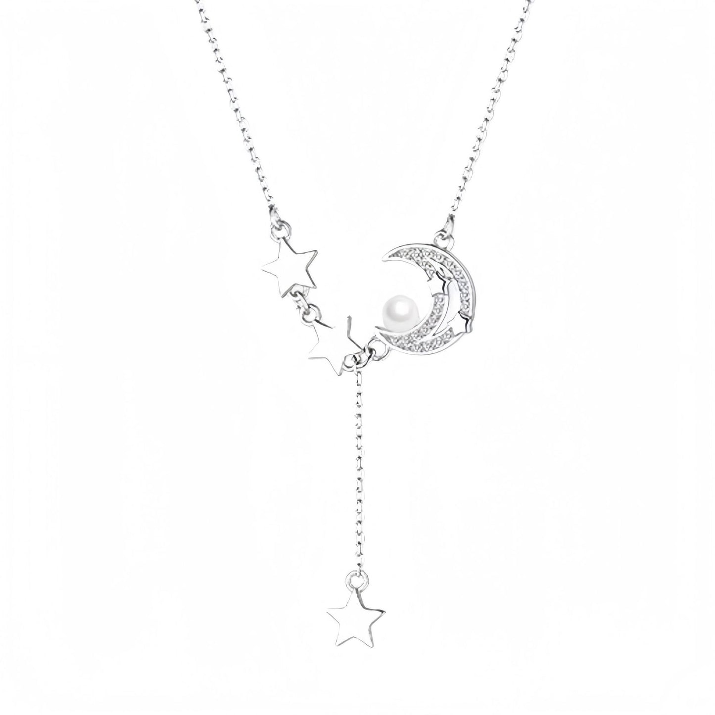 Planderful 925 Sterling Silver Star Moon Necklace With Pearl Pendant For Romantic Girls