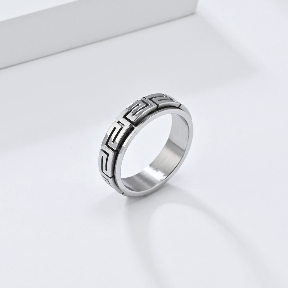 INS Simple Personality Great Wall Pattern Titanium Steel Ring for Decompression Relief in European American Fashion