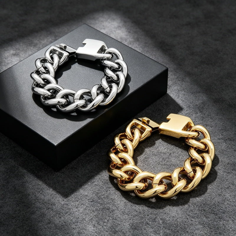 Atmospheric Cuban Chain 24mm Wide Smooth Solid Cuban Chain Street Style Stainless Steel Bracelet