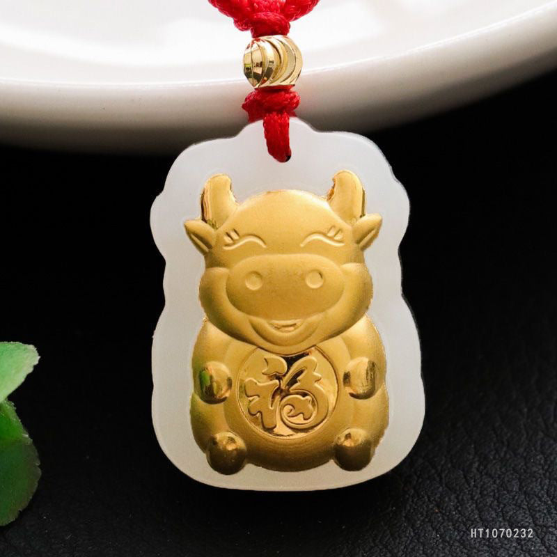 Hetian Jade Golden Ox Pendant with Cord
