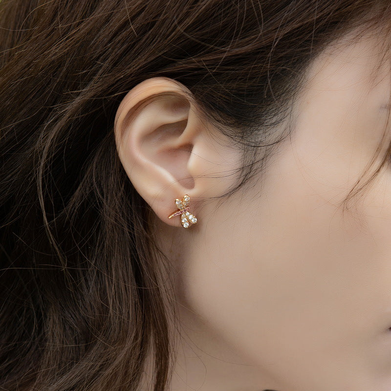 Pink and White Zircon Dragonfly Flower Asymmetric Sterling Silver Stud Earrings