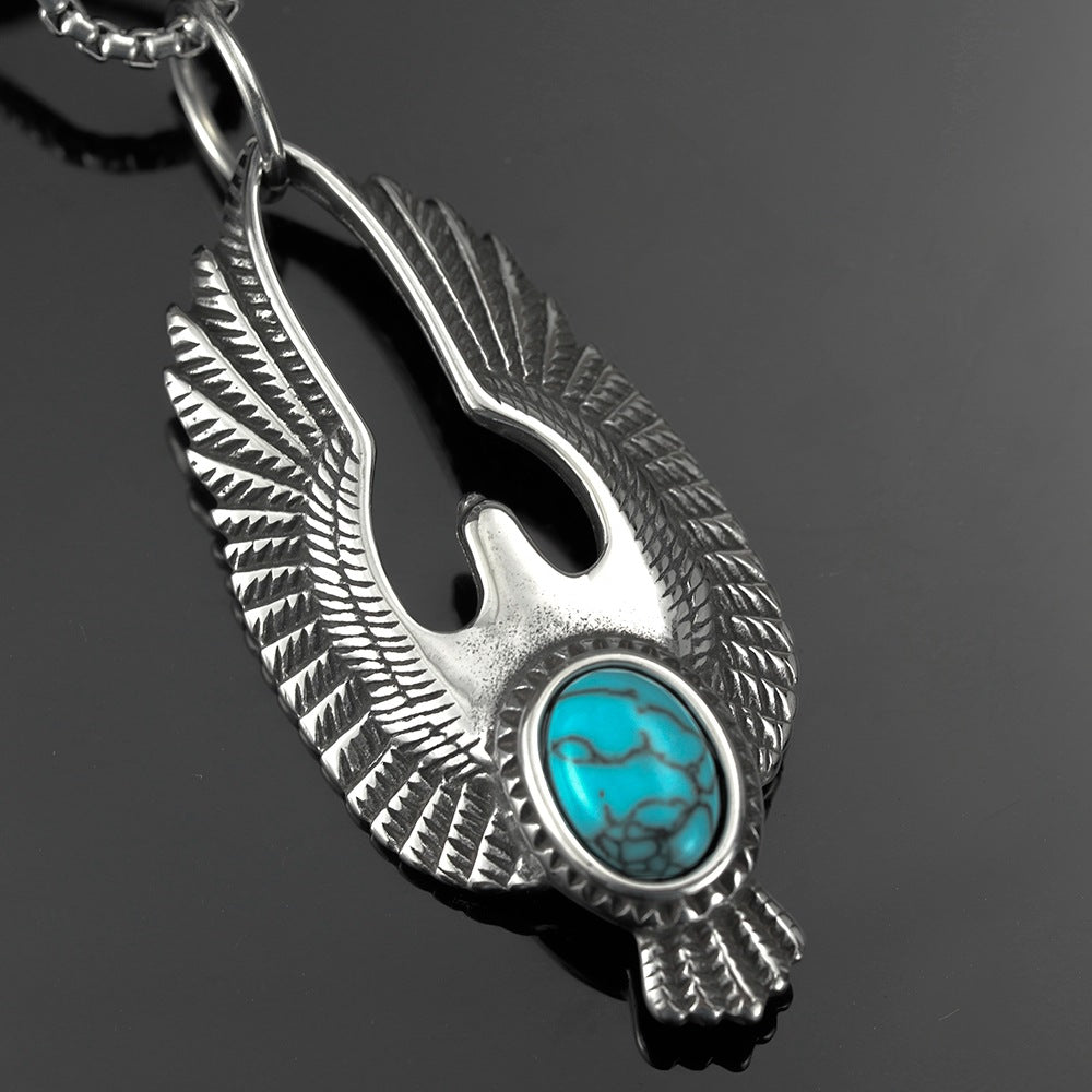 Vintage Stainless Steel Men's Pendant With Turquoise Eagle Necklace