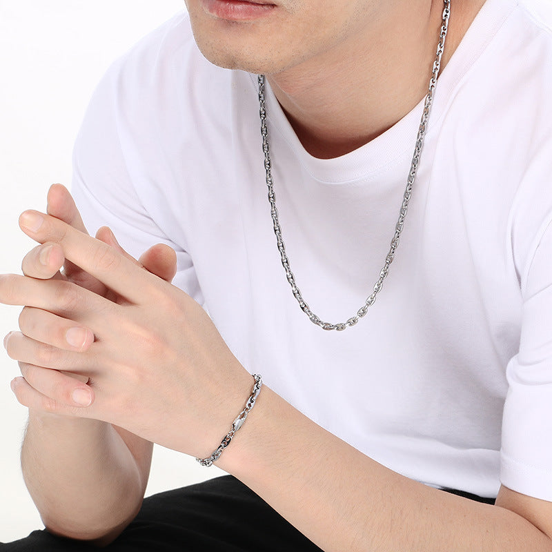 Glossy Titanium Steel Necklace and Bracelet Set for Men