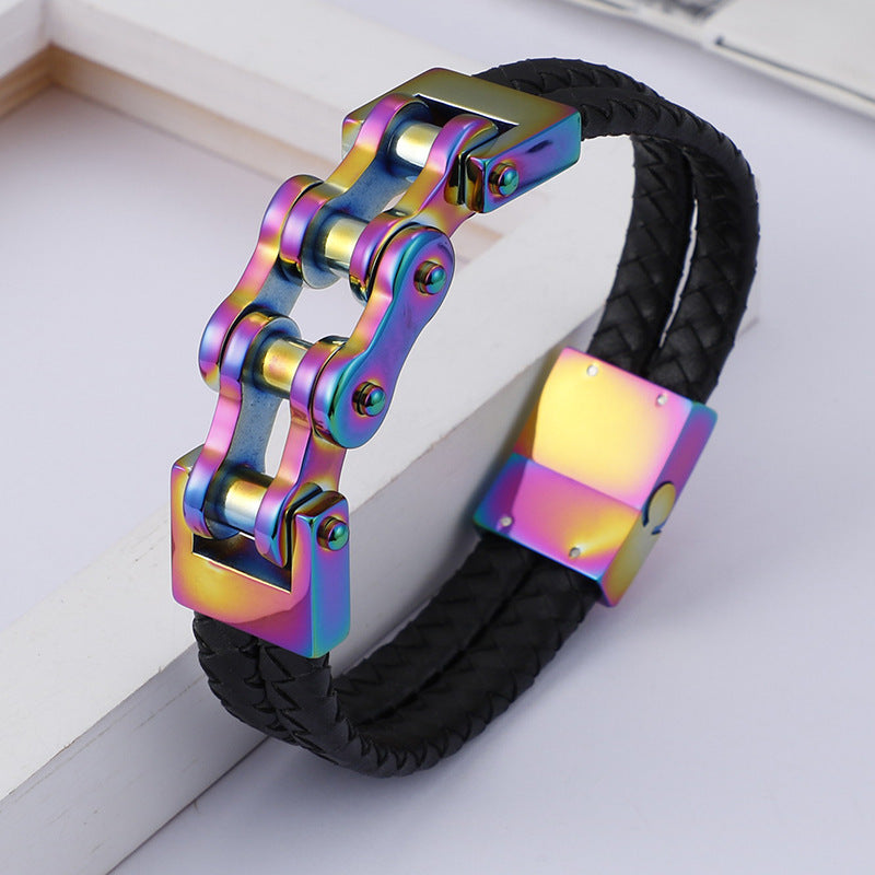 Planderful Men Punk Chain Leather Bracelet Stainless Steel