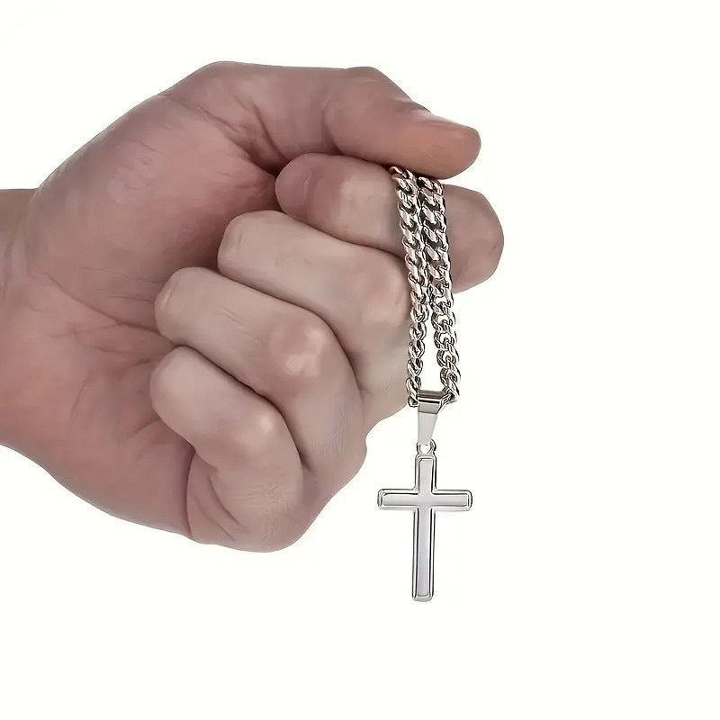 1. Planderful Stainless Steel Cuban Chain Cross Pendant Necklace For Men Urban Hip Hop Style Gift