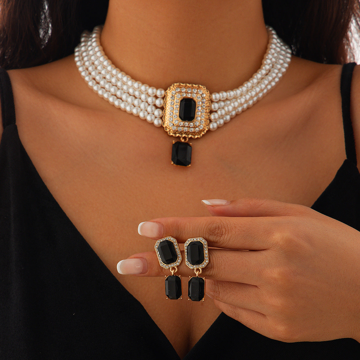 Square Crystal & Pearl-Style Layered Choker