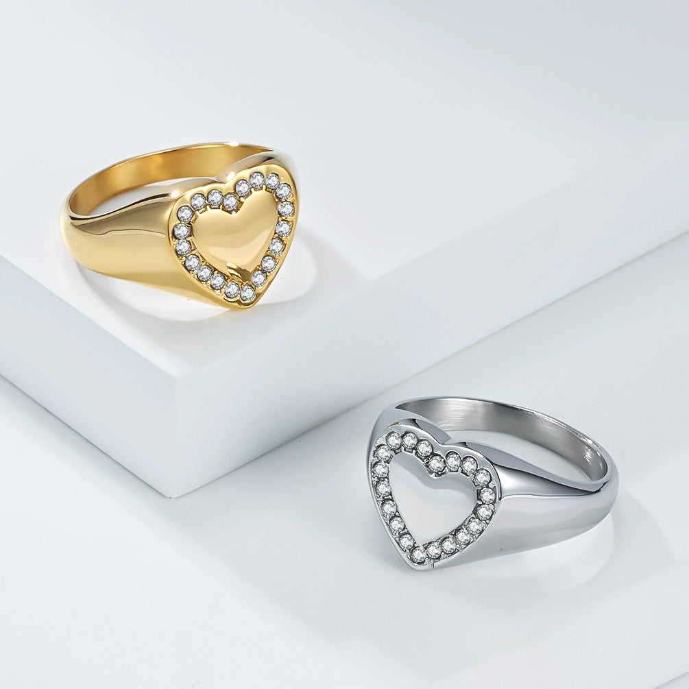 Planderful Heart Shaped Zircon Ring Titanium Steel Gold Plated For Fashionable Women Elegant Everyday Jewelry