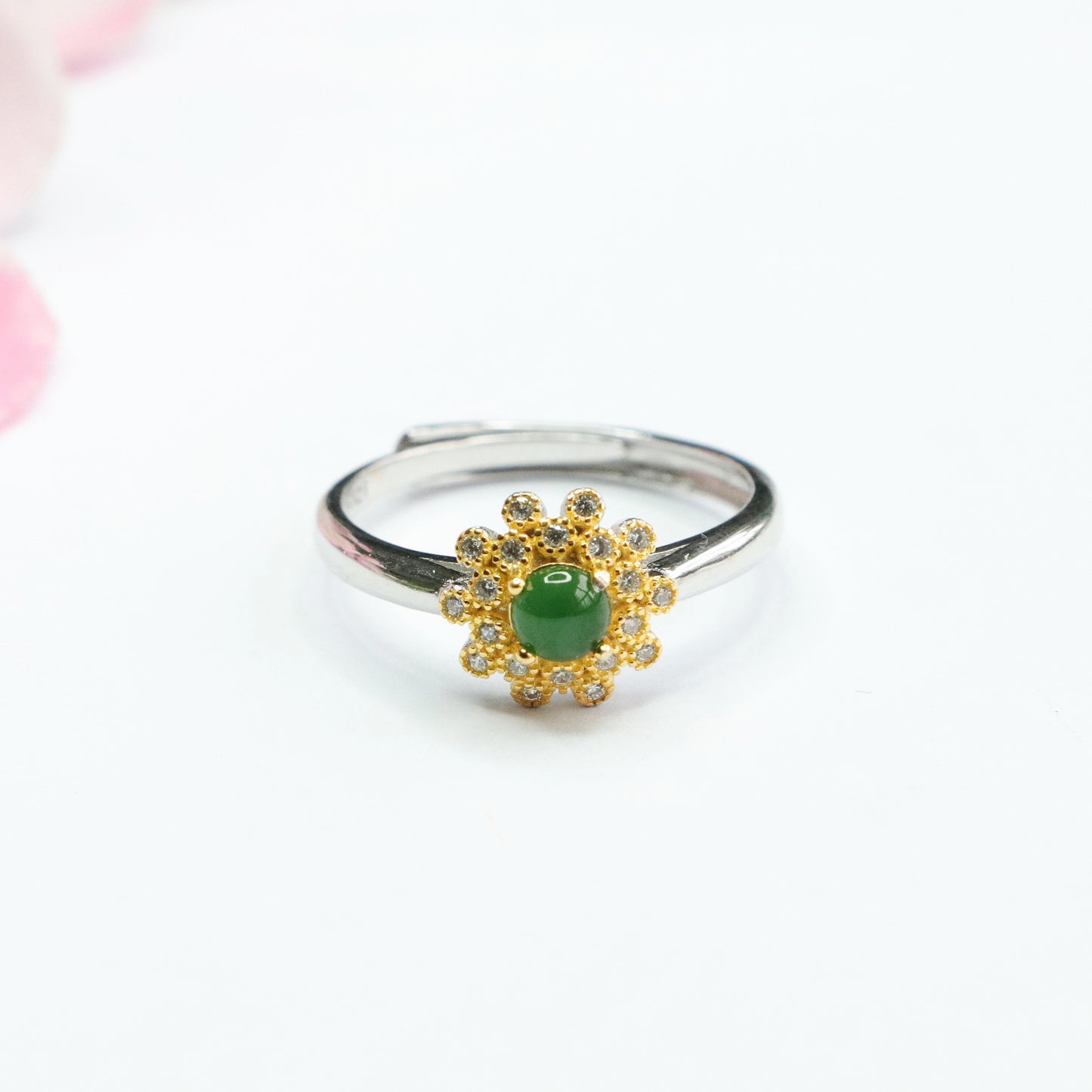 Ice Emperor Green Jade Sterling Silver Ring with Golden Daisy