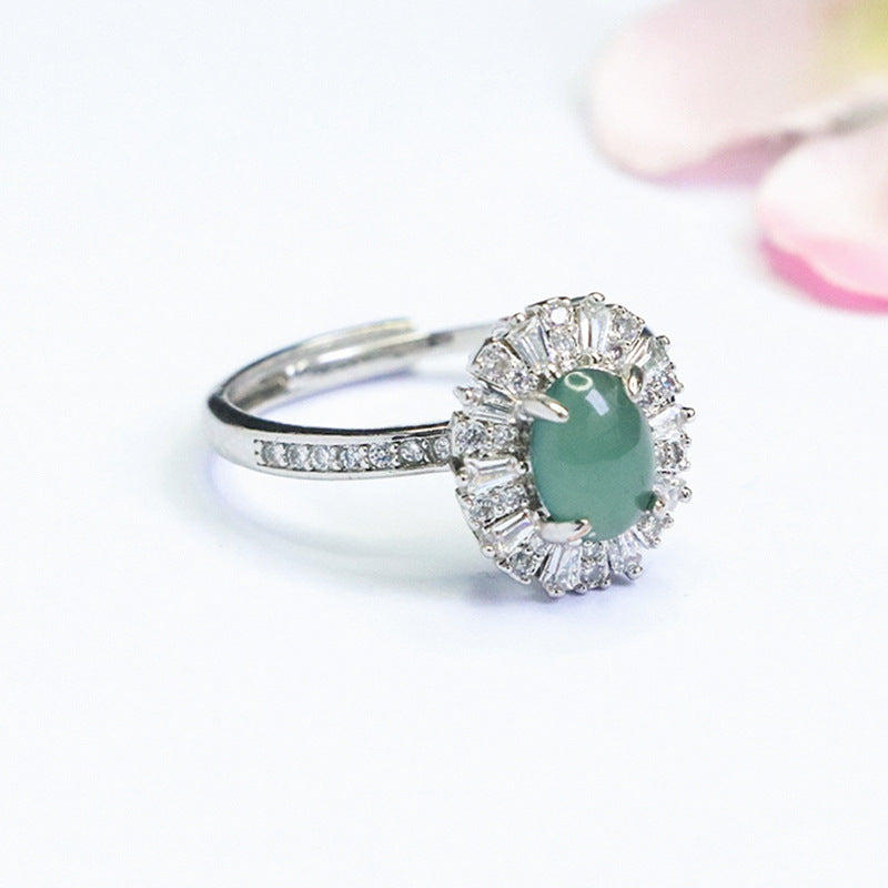 Blue-Water Jadeite Zircon Halo Ring
