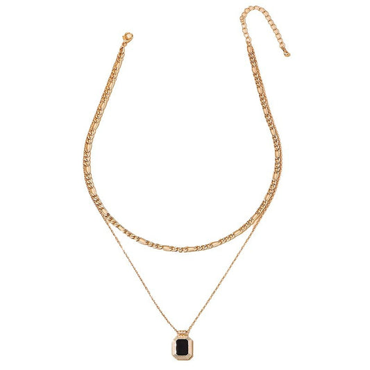 Chic Parisian Inspired Necklace with Double Pendant and Black Square Plate