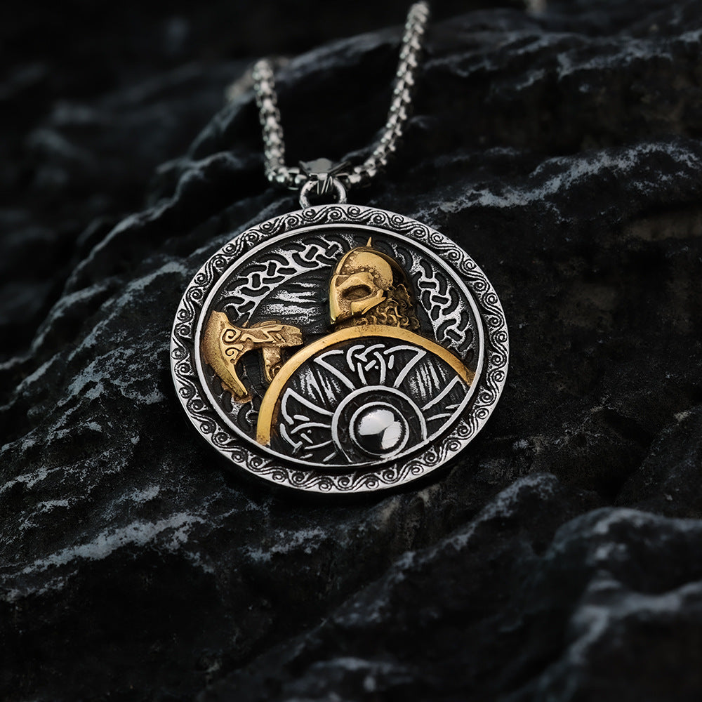 Viking Pendant Necklace With Axe Shield Norse God Of War Round Retro Coin Style For Men Planderful