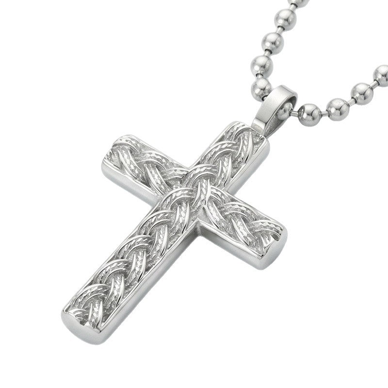 Hip Hop Stainless Steel Round Bead Chain Necklace Simple Twist Cross Pendant Square