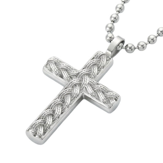 Hip Hop Stainless Steel Round Bead Chain Necklace Simple Twist Cross Pendant Square