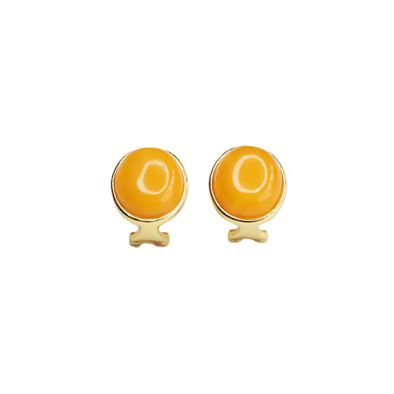 925 Sterling Silver Beeswax Amber Cabochon Stud Earrings