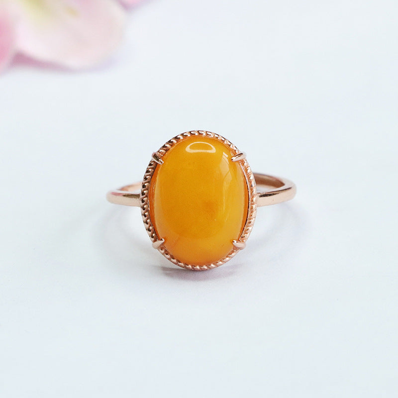 Sterling Silver Adjustable Oval Beeswax Amber Ring