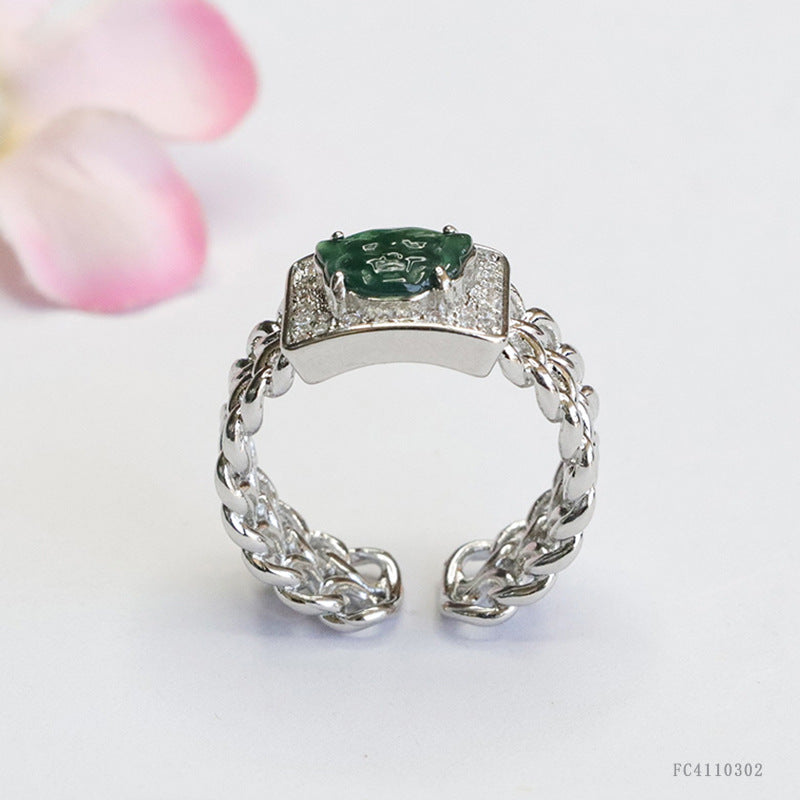 Blue-Water Jadeite Tiger Head Ring