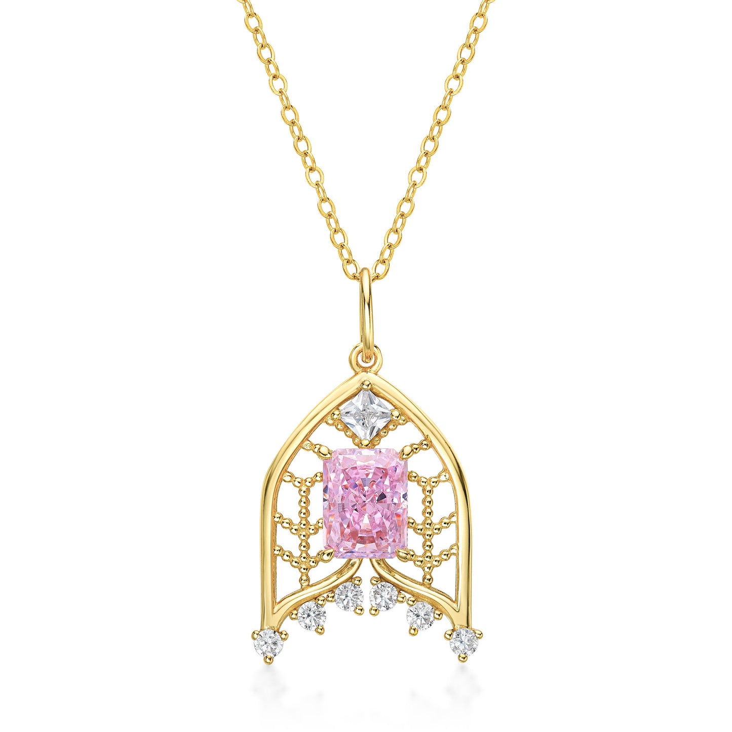 Planderful Jewelry Sterling Silver Hollow Pendant Necklace With Pink Zircon Inlaid 14K Gold Plated Chain