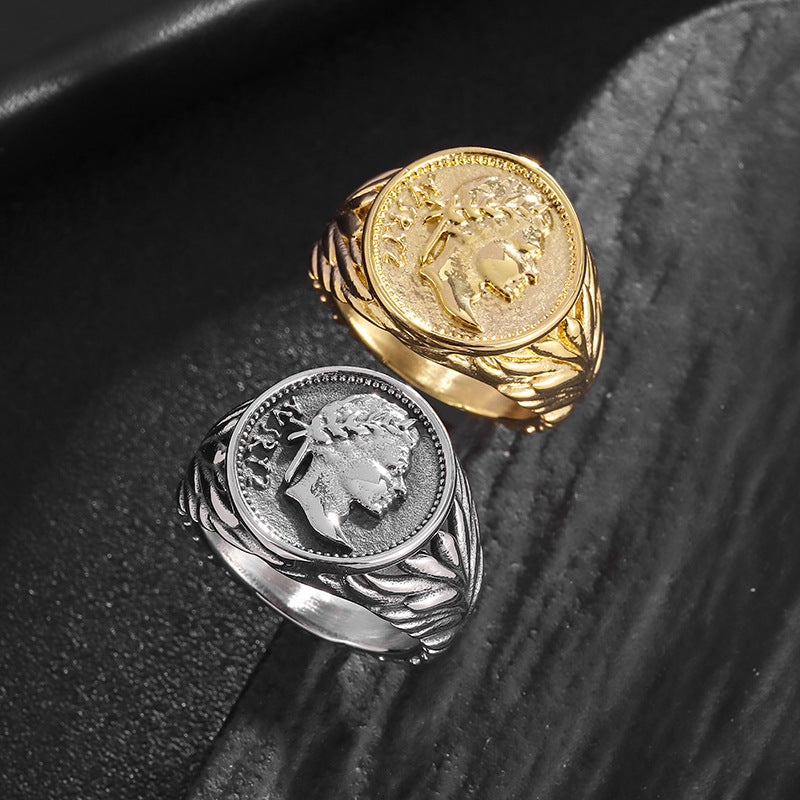 Planderful Caesar Ring Stainless Steel With Retro Gold Coin Casting Roman Empire Portrait Unisex Ring Sizes 7 To 13