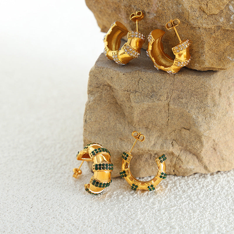 European Inspired Titanium Steel C-shaped Rhinestone Earrings for Casual Chic
