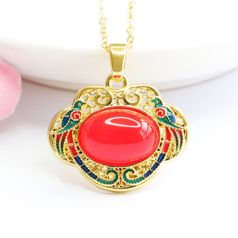 Oval Natural Red Agate Chalcedony Colourful Enamel Magpie Wishful Lock Pendant