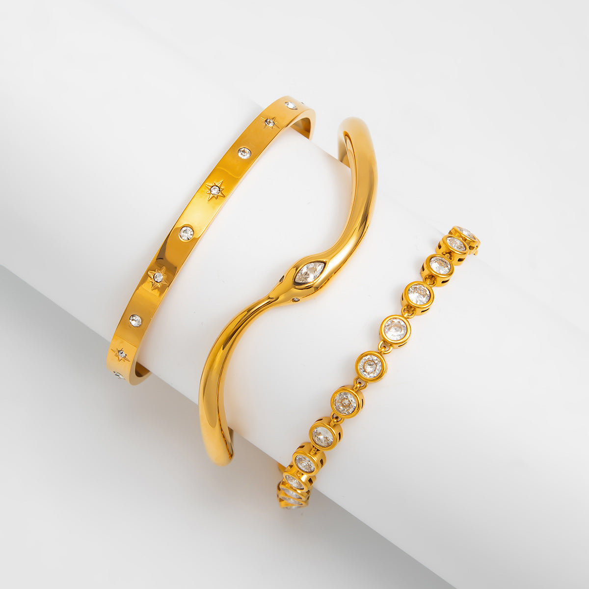 Serpentine Corrugated Star Zircon Opening Bracelet Stainless Steel Full Of Zircon