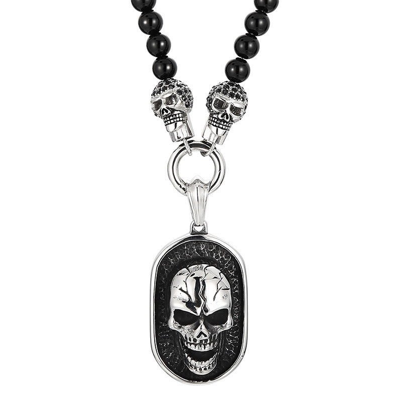 Titanium Steel Skull Necklace with Dark Zircon-Studded Ghost Head Agate Beads for Men