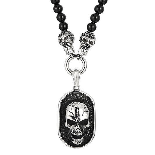 Titanium Steel Skull Necklace with Dark Zircon-Studded Ghost Head Agate Beads for Men