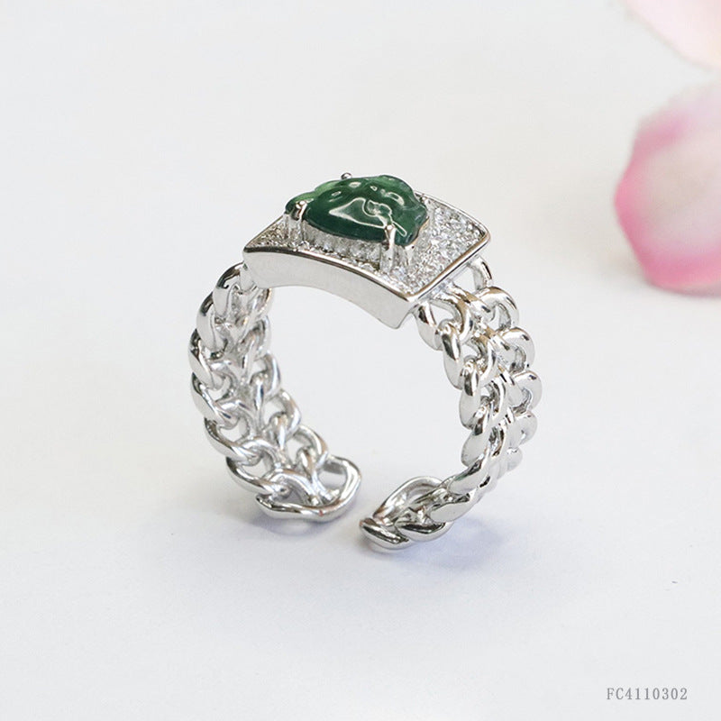 Blue-Water Jadeite Tiger Head Ring