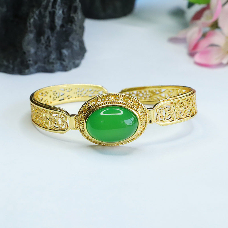 Green Chalcedony Sterling Silver Bracelet with Golden Clasp