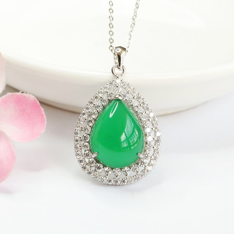 Sterling Silver Chalcedony Pendant Necklace with Zircon Halo