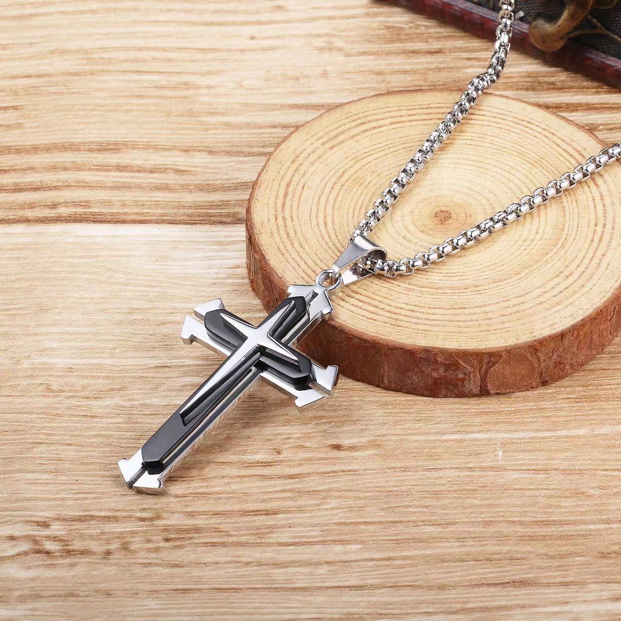 Planderful Titanium Steel Three Layer Slit Cross Pendant For Punk Style Lovers And Bold Everyday Wear