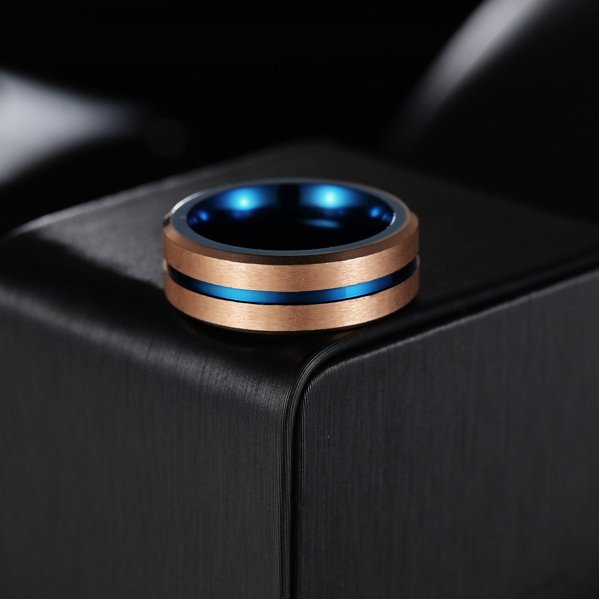 Rose Gold and Blue Tungsten Steel Men's Ring - European & American Fashion Jewelry