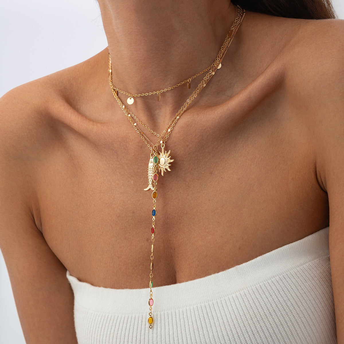 Coastal Fish, Crystal & Sun Layered Necklace