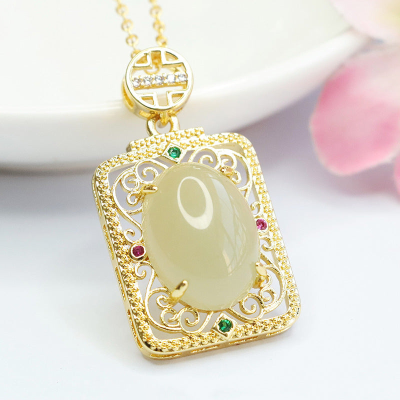 Jade Hollow Square Pendant in Palace Style with Natural Oval Hetian Jade