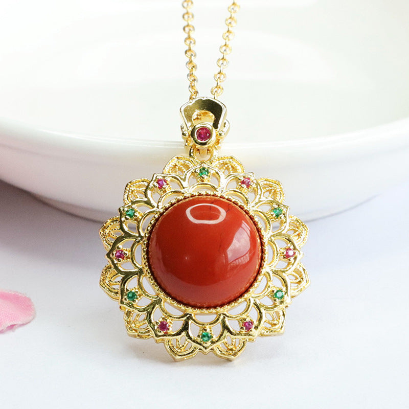 Southern Red Agate Zircon Sunflower Pendant Necklace
