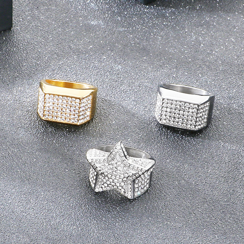 Hip-Hop Nightclub Wide Square Inlaid With Zircon Wrench Finger, Cool Zircon Pentagram Titanium Ring