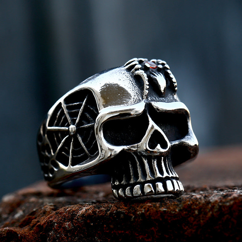 Retro Titanium Steel Skull Ring with Gemstone Inlay for Men
